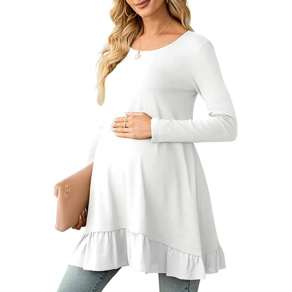 XPENYO Women's Long-Sleeve Spliced Chiffon Hem Tunic Top Size L In White